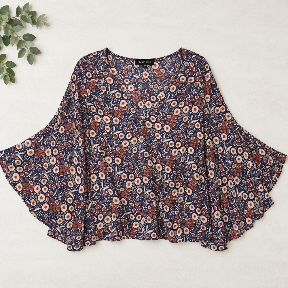 Sanctuary Floral Surplice Top Navy Blue Orange Bell Sleeve Boho Blouse Sz M
